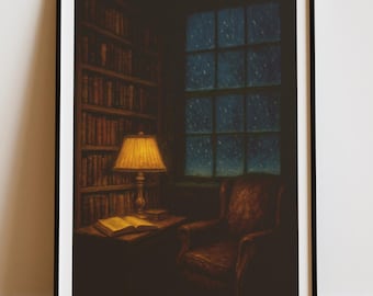 Winter Bibliothek Ölgemälde, Dark Academia Dekor (Digitaler Download)