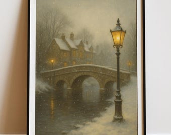 Vintage Winter Bridge Oil Painting, Snowy Village Scene (Digital Download)