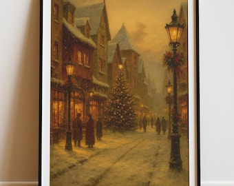Vintage Weihnachtsdorf Gemälde | Winterliche Straßenszene (Digital Download)