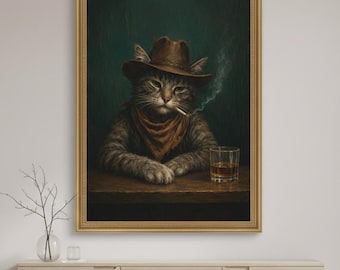 Impression de chat de cow-boy, animal drôle qui fume, déco de chariot de bar à whisky, affiche western vintage, art mural homme des cavernes, peinture de mauvaise humeur, téléchargement numérique