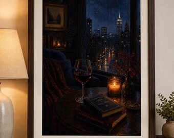 Rustgevend tafereel met wijn en een boek, betoverend kunstwerk in het donker, perfect cadeau voor boekenliefhebbers, romantische woondecoratie, digitale downloadprint.