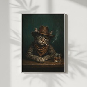 Cowboykatttryck, roligt rökande djur, whiskybarvagnsdekor, vintage westernposter, man cave-väggkonst, stämningsfull målning, digital nedladdning bild 4
