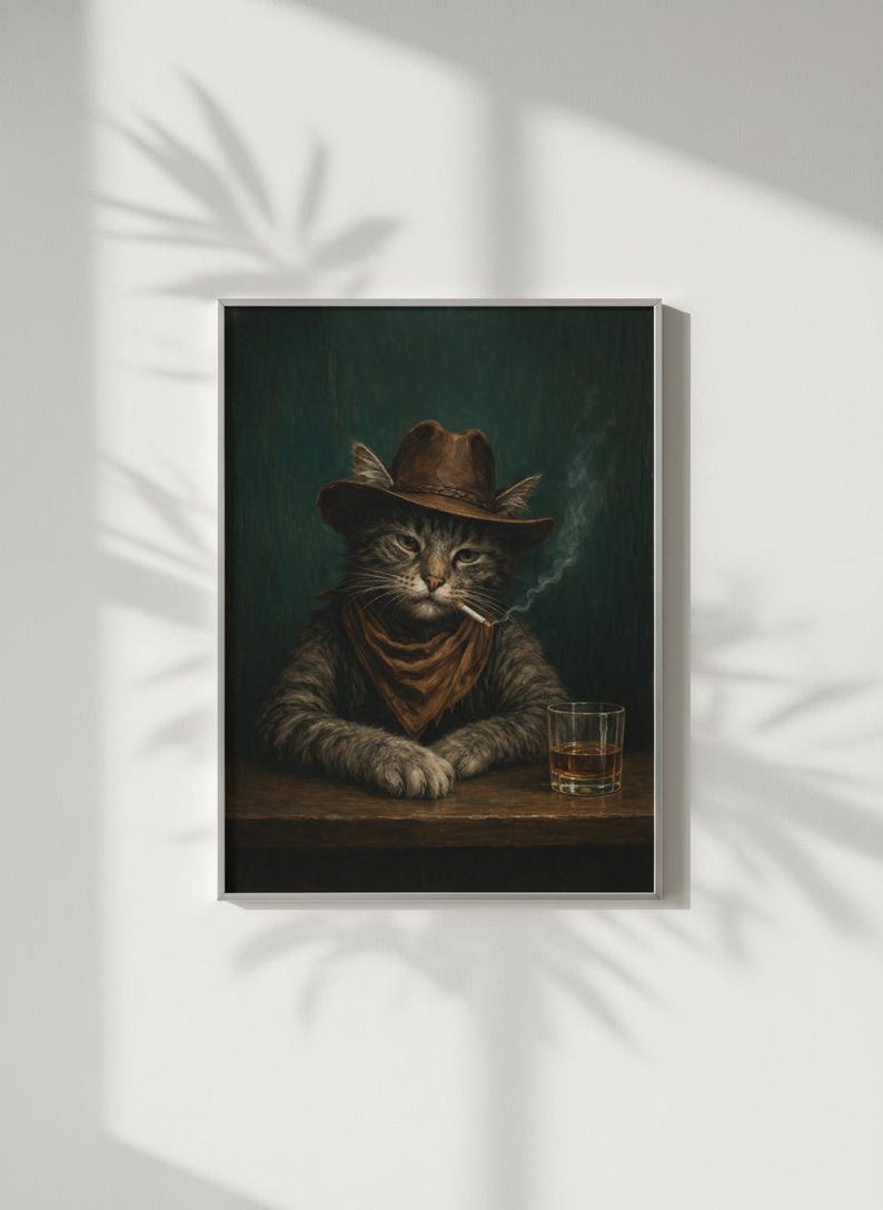 Cowboykatttryck, roligt rökande djur, whiskybarvagnsdekor, vintage westernposter, man cave-väggkonst, stämningsfull målning, digital nedladdning bild 4