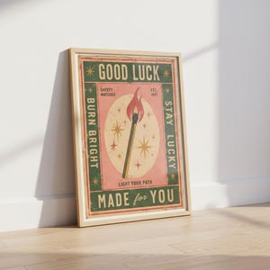 Vintage Matchbox-tryck, lycka till-affisch, retro tändstickskonst, trendig barvagnsdekor, eklektisk väggkonst, dopamindekor, digital nedladdning bild 2