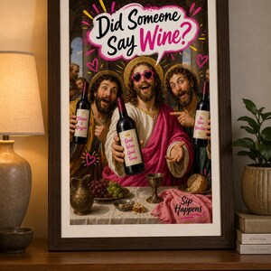 Qualcuno ha detto vino? Divertente decorazione murale con Gesù, stampa artistica cristiana originale, decorazione per cucina e bar, umorismo spensierato, download immediato. immagine 4
