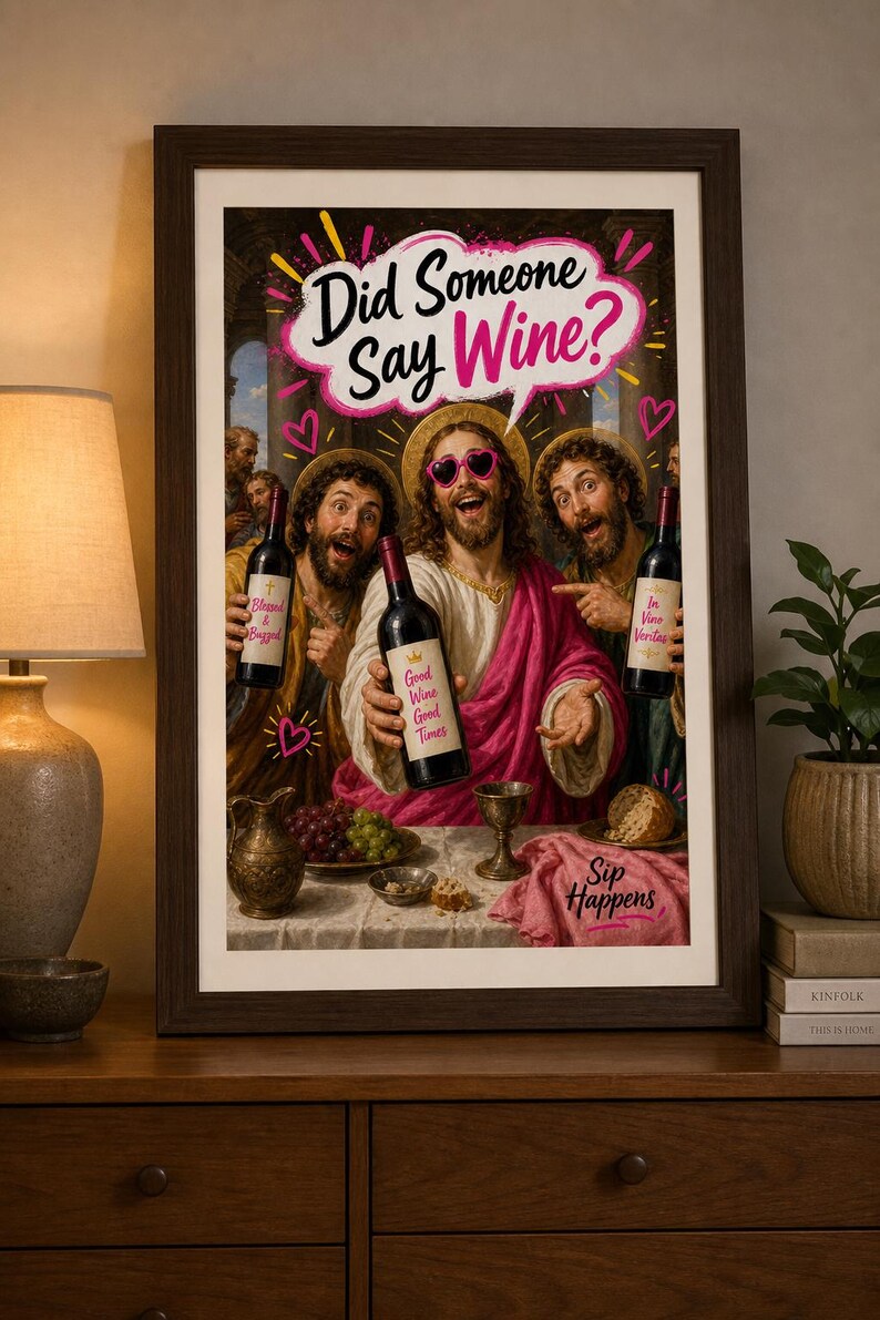 Qualcuno ha detto vino? Divertente decorazione murale con Gesù, stampa artistica cristiana originale, decorazione per cucina e bar, umorismo spensierato, download immediato. immagine 4