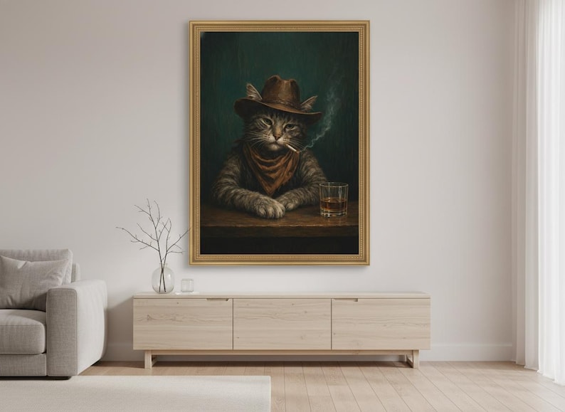 Cowboykatttryck, roligt rökande djur, whiskybarvagnsdekor, vintage westernposter, man cave-väggkonst, stämningsfull målning, digital nedladdning bild 1