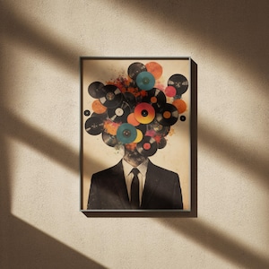Väggkonst för musikälskare, vinylskivhuvudtryck, retro surrealism-affisch, DJ-present, audiofildekor, abstrakt collagekonst, digital nedladdning bild 2