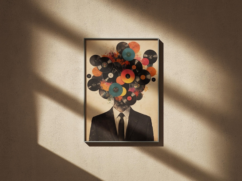 Väggkonst för musikälskare, vinylskivhuvudtryck, retro surrealism-affisch, DJ-present, audiofildekor, abstrakt collagekonst, digital nedladdning bild 2