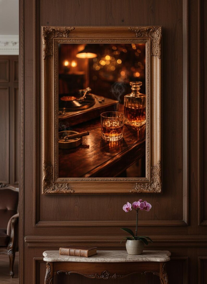 Whiskey and Cigar Art Print, Vintage Record Player Poster, Moody Bar Cart Decor, Man Cave Wall Art, Old Money Aesthetic, Digital Download image 8