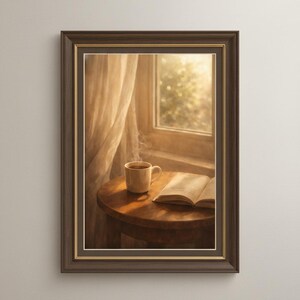 Stampa "Cozy Morning Coffee", quadro da parete con libro aperto, decorazione per la stanza in stile Hygge, poster con estetica da caffè, decorazione Light Academia, arte per la cucina, download digitale immagine 8