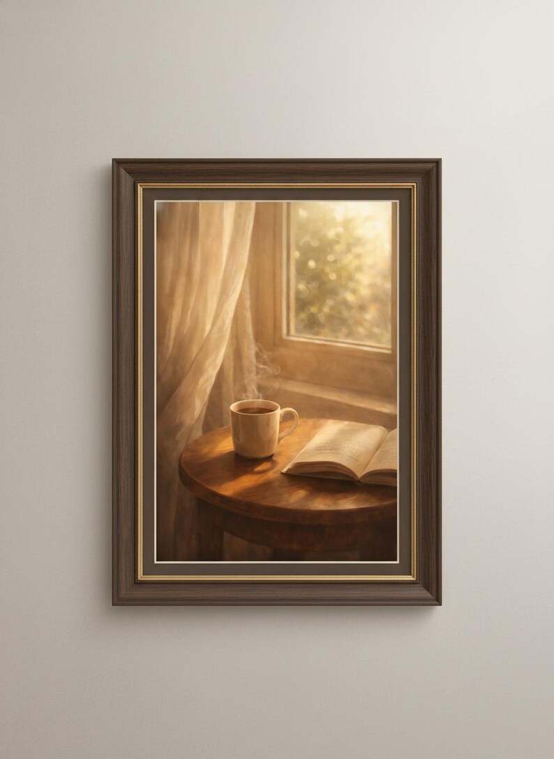Stampa "Cozy Morning Coffee", quadro da parete con libro aperto, decorazione per la stanza in stile Hygge, poster con estetica da caffè, decorazione Light Academia, arte per la cucina, download digitale immagine 8