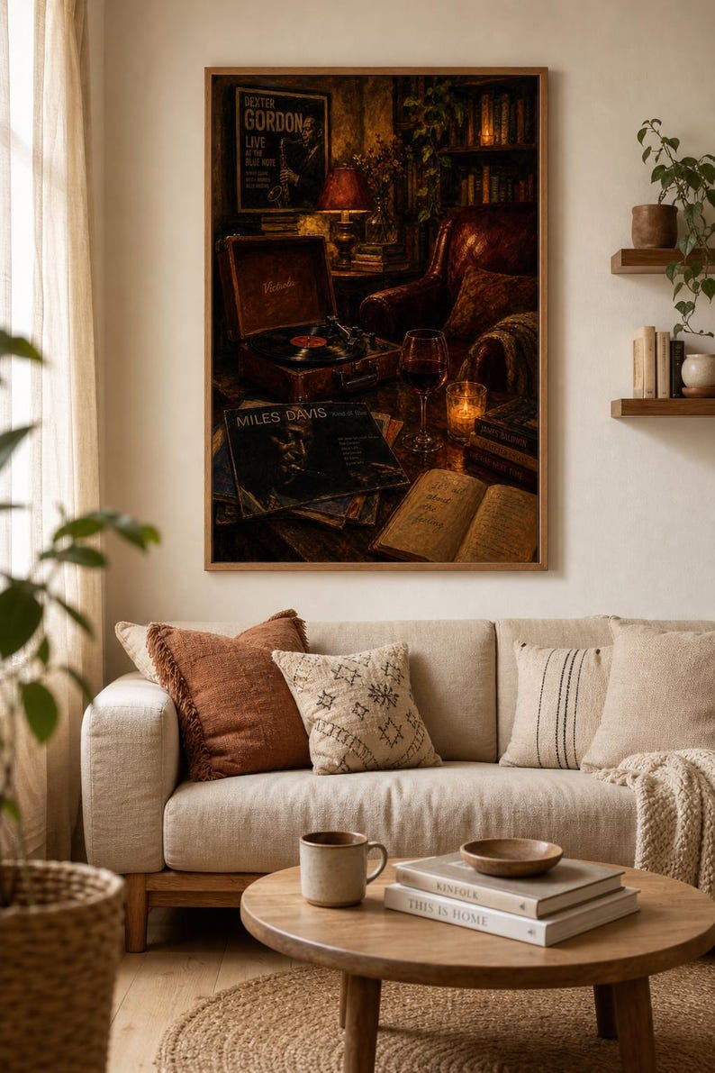 Encantador cuadro de jazz y vino para pared, ambiente romántico y acogedor, decoración con música jazz, perfecto para el bar de casa o la sala de estar, impresión de descarga instantánea. imagen 4