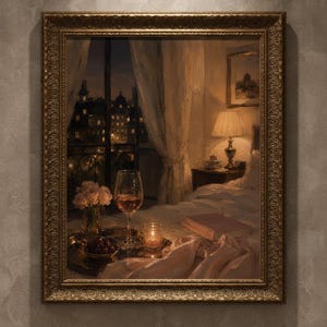 May include: A framed oil painting depicting a bedroom interior at night. A tray holds a glass of wine, a small bowl of cherries, and a lit candle. A book rests on the bed, while a lamp illuminates the room. A window shows a city view.