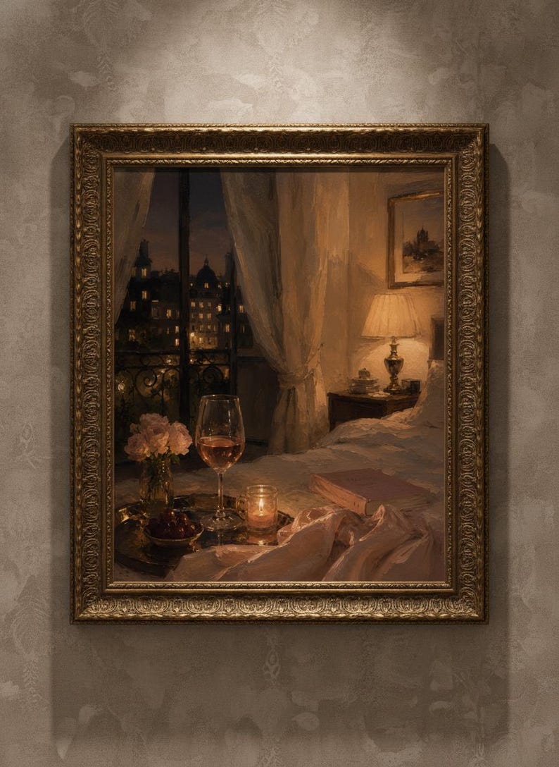 May include: A framed oil painting depicting a bedroom interior at night. A tray holds a glass of wine, a small bowl of cherries, and a lit candle. A book rests on the bed, while a lamp illuminates the room. A window shows a city view.