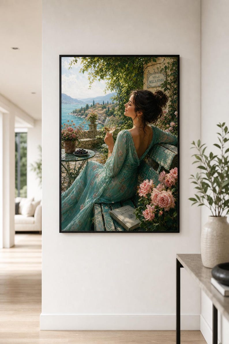 Encantadora y serena escena vinícola, elegante lámina decorativa, decoración acogedora para el hogar, idea de regalo para amantes del vino, arte inspirado en la naturaleza. imagen 5