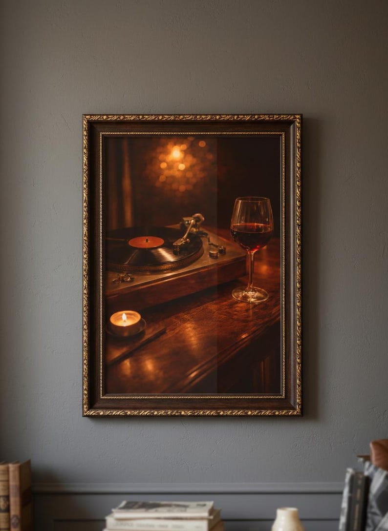 May include: A framed print depicting a vintage record player, a glass of red wine, and a lit candle. The print has a warm aesthetic with a dark wooden frame, evoking a sense of nostalgia.
