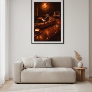 May include: A framed print showing a vintage record player with a vinyl record, a glass of red wine, and a lit candle on a wooden surface. The image has a warm, inviting ambiance, suggesting a cosy, relaxed setting.