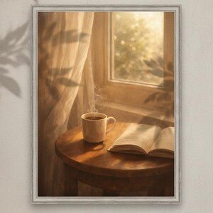 Pu&ograve; includere: Una stampa incorniciata raffigura una tazza di caff&egrave;, un libro aperto e un tavolino di legno vicino a una finestra. I toni caldi e la luce soffusa creano un'atmosfera rilassante. L'immagine evoca un senso di comfort e relax.