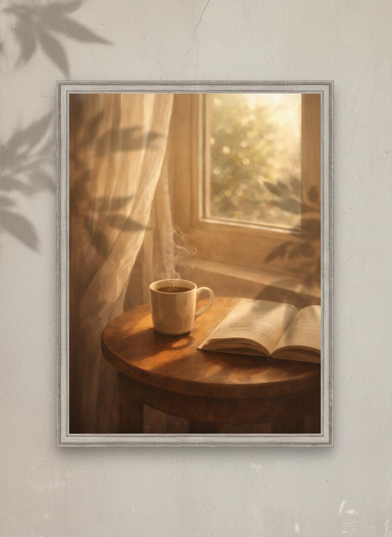 Pu&ograve; includere: Una stampa incorniciata raffigura una tazza di caff&egrave;, un libro aperto e un tavolino di legno vicino a una finestra. I toni caldi e la luce soffusa creano un'atmosfera rilassante. L'immagine evoca un senso di comfort e relax.