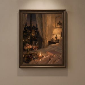 May include: A framed oil painting depicting a cozy bedroom interior at night. A tray with a wine glass, a small bowl of cherries, a candle, and a book rests on a bed. A lamp glows on a nightstand, and a window reveals a dark city skyline.