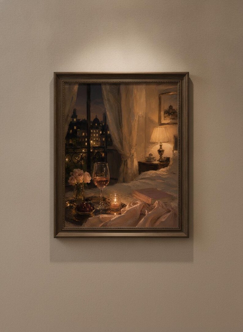 May include: A framed oil painting depicting a cozy bedroom interior at night. A tray with a wine glass, a small bowl of cherries, a candle, and a book rests on a bed. A lamp glows on a nightstand, and a window reveals a dark city skyline.