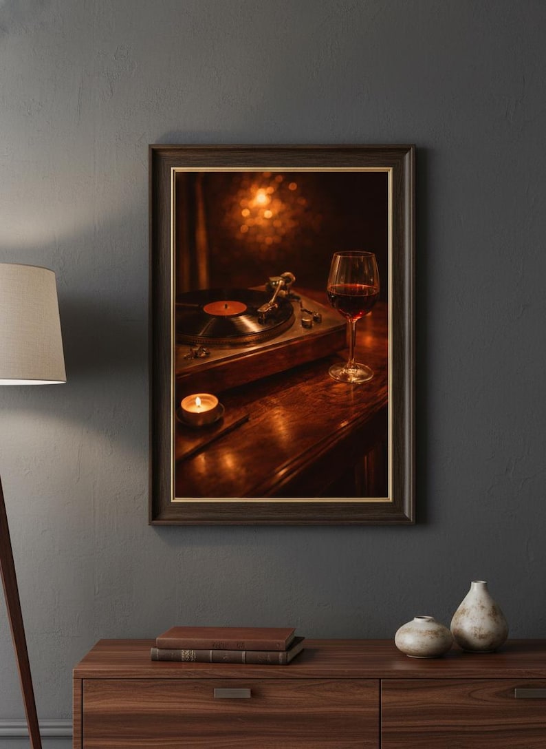 May include: A framed picture shows a vintage record player with a vinyl record, a lit candle, and a glass of red wine. The scene is set on a wooden surface, creating a warm atmosphere. The image is framed in a dark brown frame.
