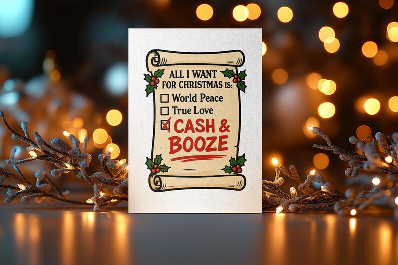 Puede incluir: Tarjeta de felicitaci&oacute;n navide&ntilde;a con dise&ntilde;o de pergamino. El texto dice: "Todo lo que quiero para Navidad es: Paz mundial, Amor verdadero, Dinero y alcohol". Decorada con acebo y bayas.