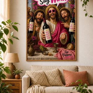 Qualcuno ha detto vino? Divertente decorazione murale con Gesù, stampa artistica cristiana originale, decorazione per cucina e bar, umorismo spensierato, download immediato. immagine 3