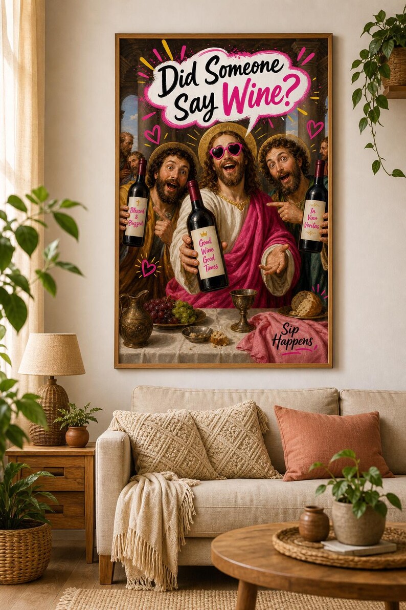 Qualcuno ha detto vino? Divertente decorazione murale con Gesù, stampa artistica cristiana originale, decorazione per cucina e bar, umorismo spensierato, download immediato. immagine 3