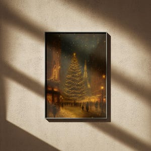 May include: Framed art print depicting a festive Christmas scene in Paris. A large, illuminated Christmas tree stands in the center, with the Eiffel Tower visible in the background. The artwork is in warm tones, with golden lights and silhouettes of people.