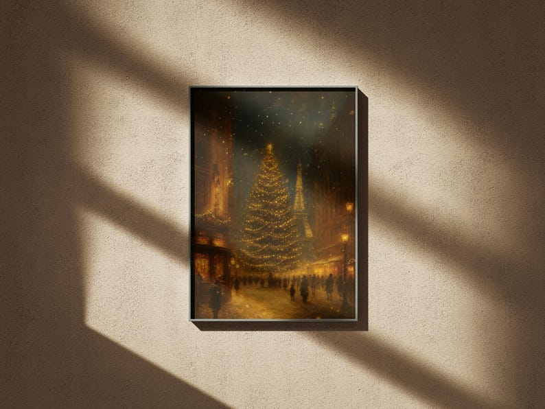 May include: Framed art print depicting a festive Christmas scene in Paris. A large, illuminated Christmas tree stands in the center, with the Eiffel Tower visible in the background. The artwork is in warm tones, with golden lights and silhouettes of people.