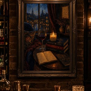 Dark Academia Wall Art, Cozy Reading Nook Print, Rainy Night Window Poster, Book Stack Art, Red Wine Decor, Bookish Aesthetic image 6