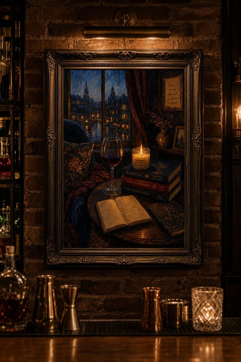 Dark Academia Wall Art, Cozy Reading Nook Print, Rainy Night Window Poster, Book Stack Art, Red Wine Decor, Bookish Aesthetic image 6