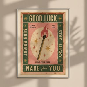 Vintage Matchbox-tryck, lycka till-affisch, retro tändstickskonst, trendig barvagnsdekor, eklektisk väggkonst, dopamindekor, digital nedladdning bild 3
