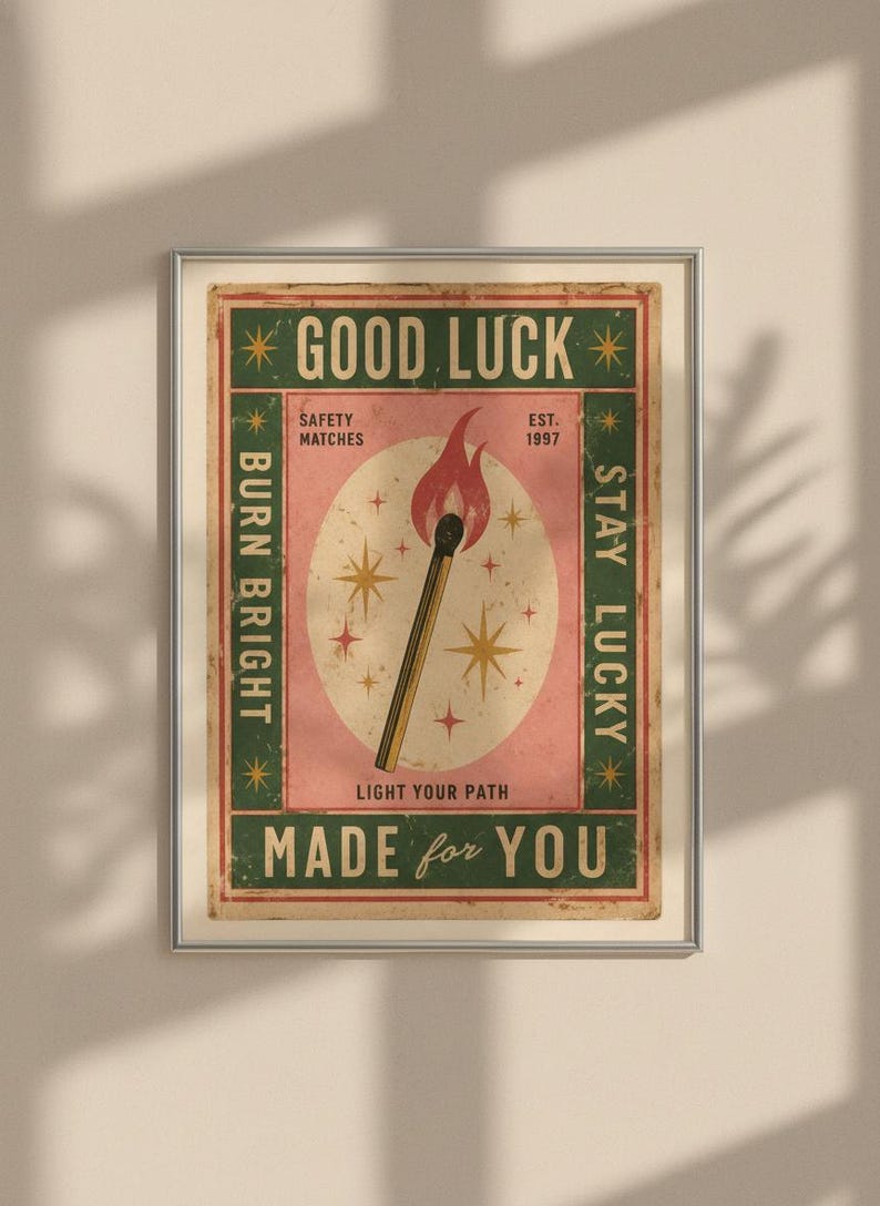 Vintage Matchbox-tryck, lycka till-affisch, retro tändstickskonst, trendig barvagnsdekor, eklektisk väggkonst, dopamindekor, digital nedladdning bild 3