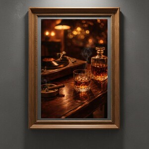 May include: A framed photograph of a dimly lit bar scene. A turntable, a glass of amber liquid, and a decanter sit on a wooden surface. A lit cigar rests in an ashtray. The scene evokes a sense of relaxation and sophistication.
