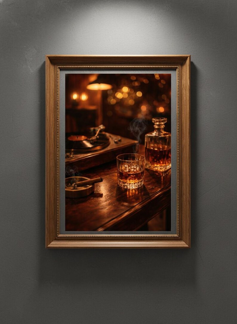 May include: A framed photograph of a dimly lit bar scene. A turntable, a glass of amber liquid, and a decanter sit on a wooden surface. A lit cigar rests in an ashtray. The scene evokes a sense of relaxation and sophistication.