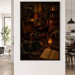 Encantador cuadro de jazz y vino para pared, ambiente romántico y acogedor, decoración con música jazz, perfecto para el bar de casa o la sala de estar, impresión de descarga instantánea. imagen 5