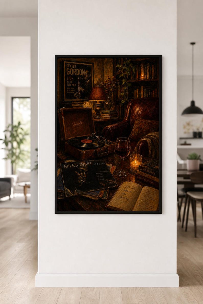 Encantador cuadro de jazz y vino para pared, ambiente romántico y acogedor, decoración con música jazz, perfecto para el bar de casa o la sala de estar, impresión de descarga instantánea. imagen 5
