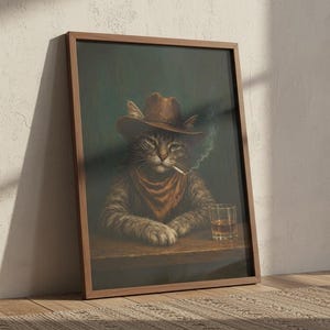 Cowboykatttryck, roligt rökande djur, whiskybarvagnsdekor, vintage westernposter, man cave-väggkonst, stämningsfull målning, digital nedladdning bild 5