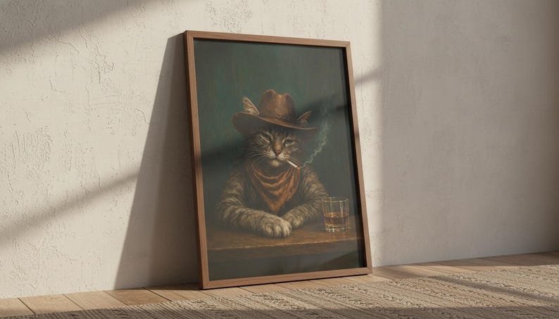 Cowboykatttryck, roligt rökande djur, whiskybarvagnsdekor, vintage westernposter, man cave-väggkonst, stämningsfull målning, digital nedladdning bild 5