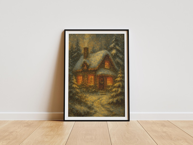 K&ouml;nnte beinhalten: Gerahmter Kunstdruck einer gem&uuml;tlichen H&uuml;ttenszene in einem verschneiten Wald. Das Haus hat beleuchtete Fenster und einen rauchenden Schornstein, was W&auml;rme suggeriert. Das Kunstwerk ist in einem schwarzen Rahmen und lehnt an einer wei&szlig;en Wand auf einem Holzboden.