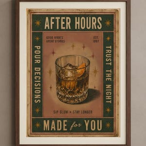 Lámina vintage de caja de cerillas, póster de After Hours, arte retro de whisky, decoración moderna para carrito de bar, arte mural ecléctico, lámina de cóctel, descarga digital imagen 2
