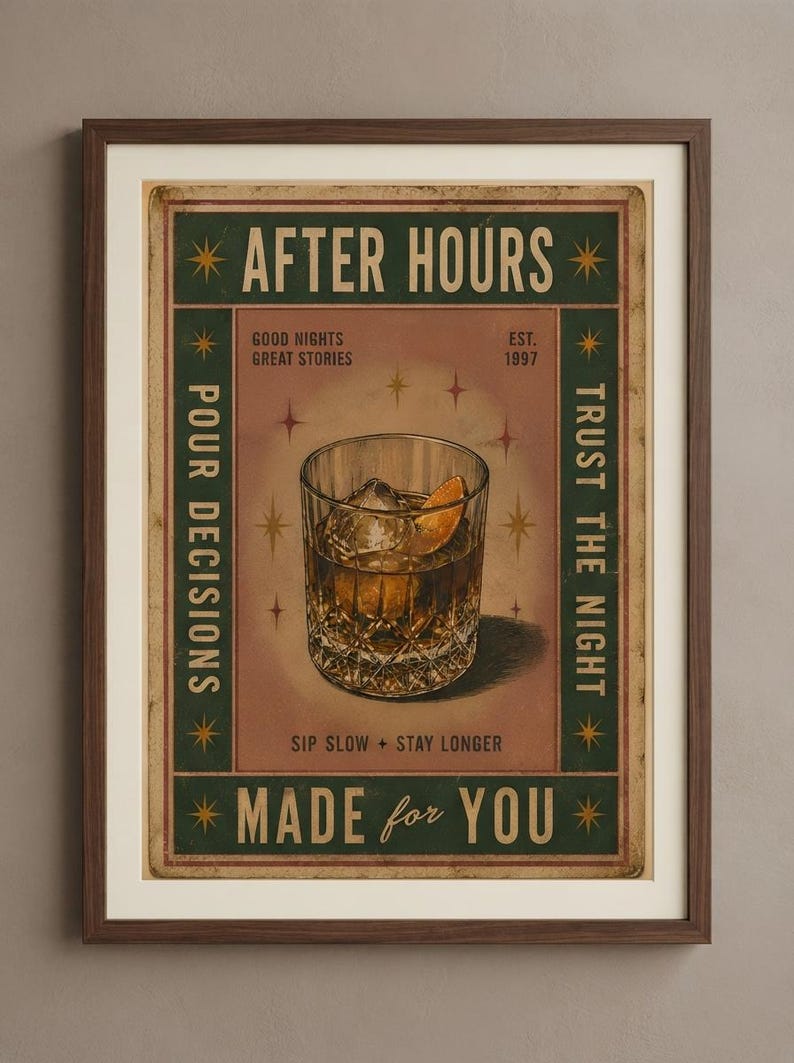 Lámina vintage de caja de cerillas, póster de After Hours, arte retro de whisky, decoración moderna para carrito de bar, arte mural ecléctico, lámina de cóctel, descarga digital imagen 2
