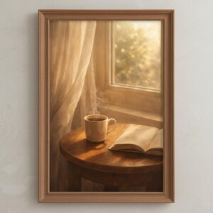Stampa "Cozy Morning Coffee", quadro da parete con libro aperto, decorazione per la stanza in stile Hygge, poster con estetica da caffè, decorazione Light Academia, arte per la cucina, download digitale immagine 2