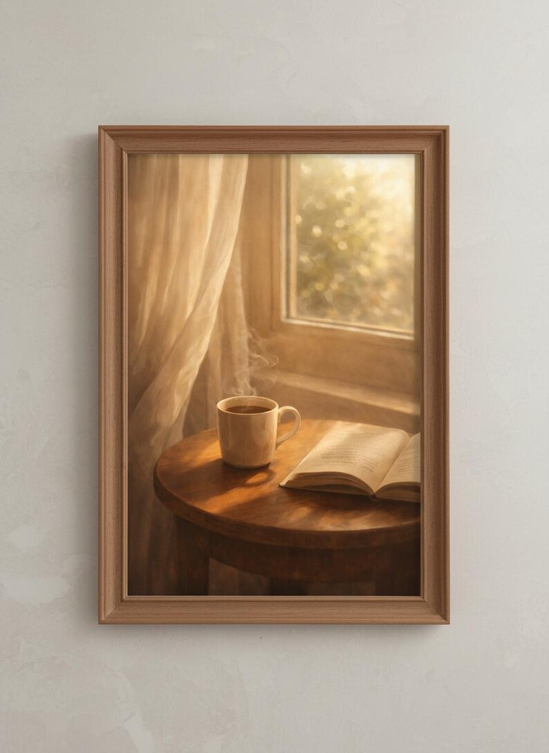 Stampa "Cozy Morning Coffee", quadro da parete con libro aperto, decorazione per la stanza in stile Hygge, poster con estetica da caffè, decorazione Light Academia, arte per la cucina, download digitale immagine 2