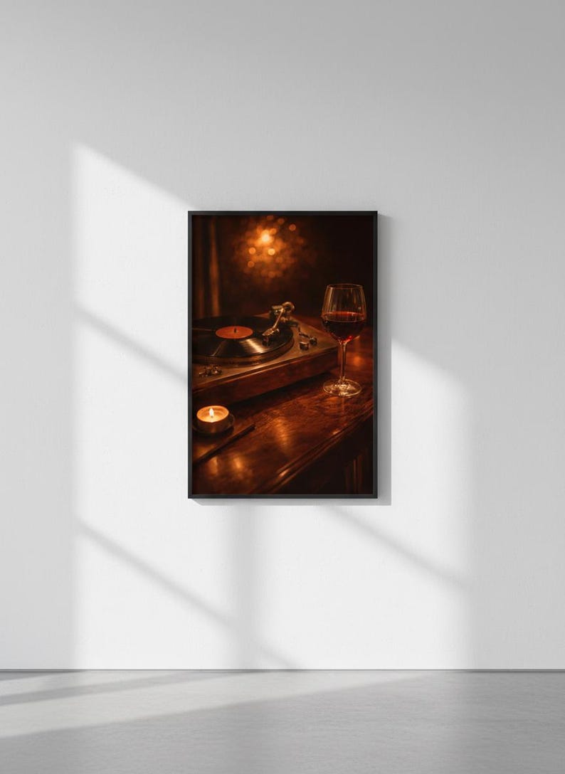 May include: A framed picture showing a vintage record player with a vinyl record, a lit candle, and a glass of red wine. The scene is set on a dark wooden surface, creating a warm atmosphere. The lighting suggests a cosy, intimate setting.