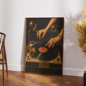 vinyl player poster, record player poster, vinyl player print, fashion icon print, leopard poster, Boho Record, Music Nook Decor, Warm Botanical Art, Record Player Art, Reading Nook Art, Retro Music Art, record player print, Dj Poster