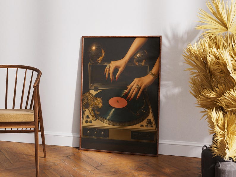 vinyl player poster, record player poster, vinyl player print, fashion icon print, leopard poster, Boho Record, Music Nook Decor, Warm Botanical Art, Record Player Art, Reading Nook Art, Retro Music Art, record player print, Dj Poster